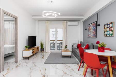 Eleanor one-bedroom apartment in the center of Thessaloniki with modern design, bright living room, and private balcony for a stylish city stay
